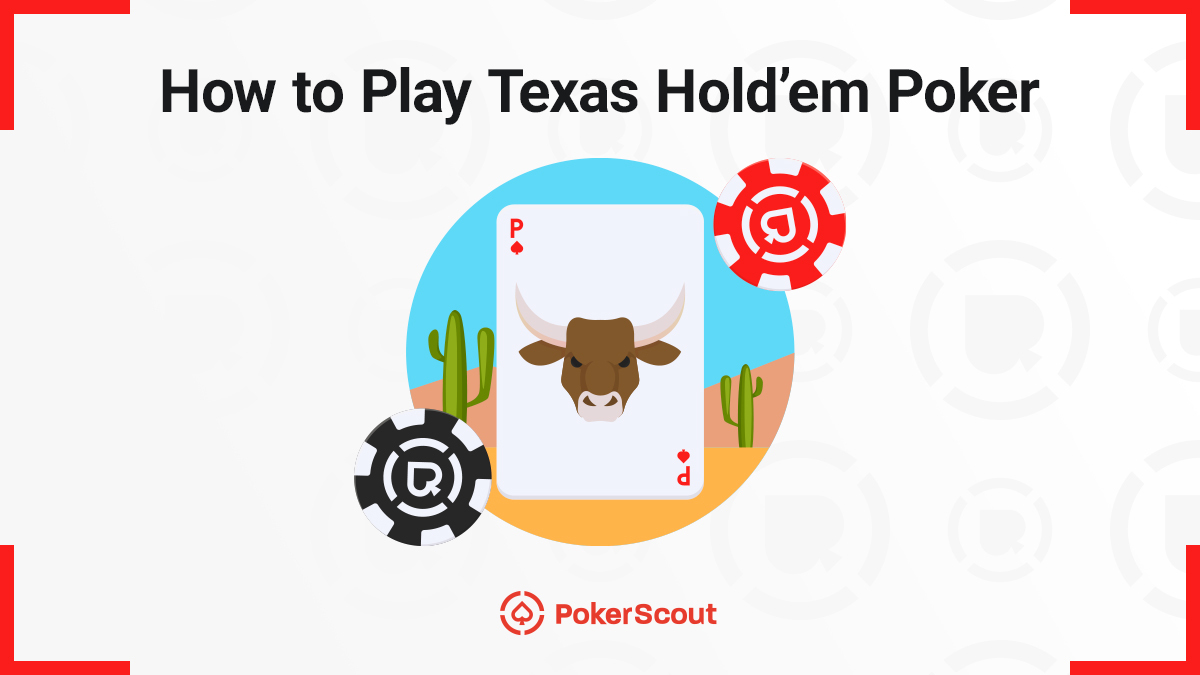 A bull on a playing card with two poker chips on a desert background, with the text “How to Play Texas Hold’em Poker”