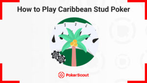 Illustration on playing Caribbean Stud Poker featuring a palm tree with poker chips and cards in the background