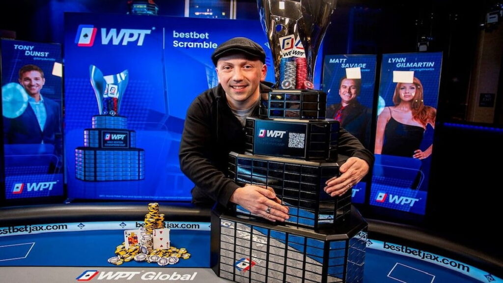 Nick Yunis celebrates winning the 2024 WPT bestbet Scramble Championship