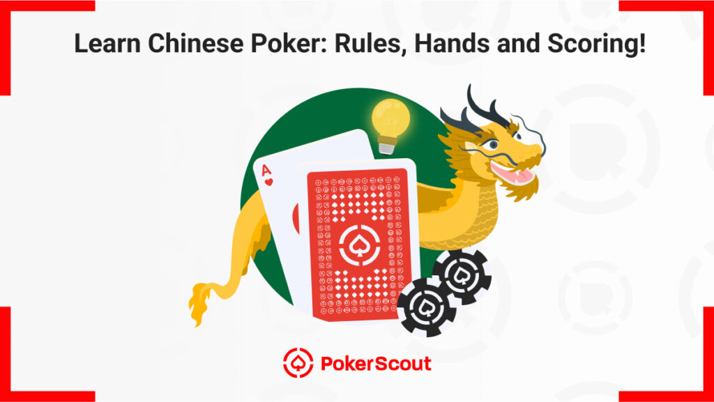 Dragon with playing cards and chips next to text “Learn Chinese Poker: Rules, Hands and Scoring!”