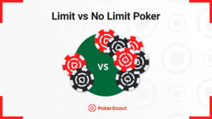 Illustration comparing Limit and No Limit poker, featuring a stack of red and black poker chips with a ‘VS’ label in the center.