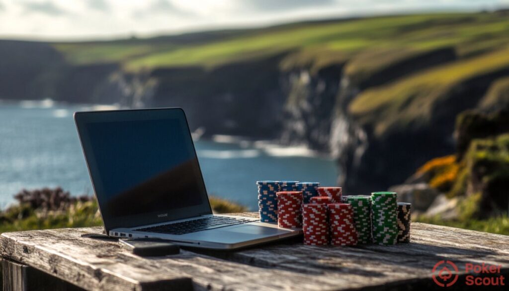Poker chips and laptop in Irish setting