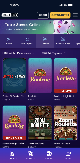 betus casino table games