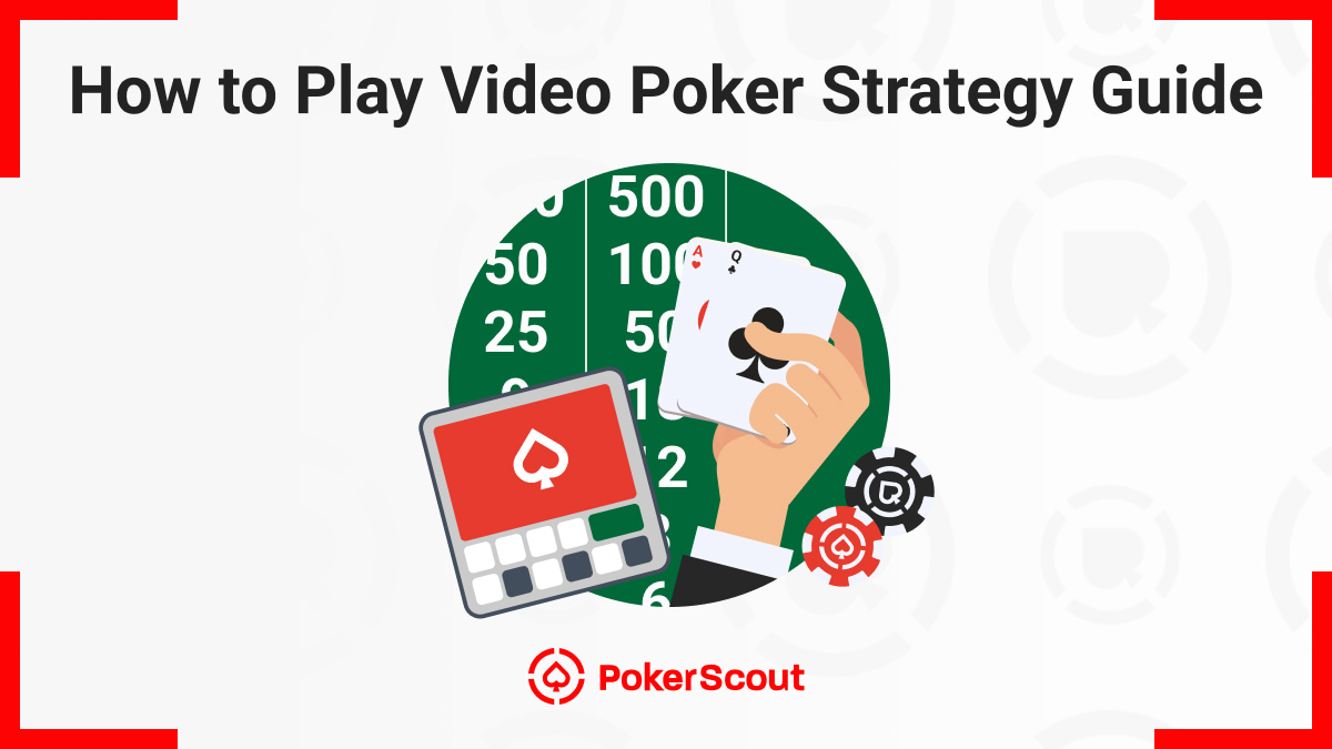 Illustration for a video poker strategy guide features a hand holding cards, poker chips, a score chart, and a digital poker device