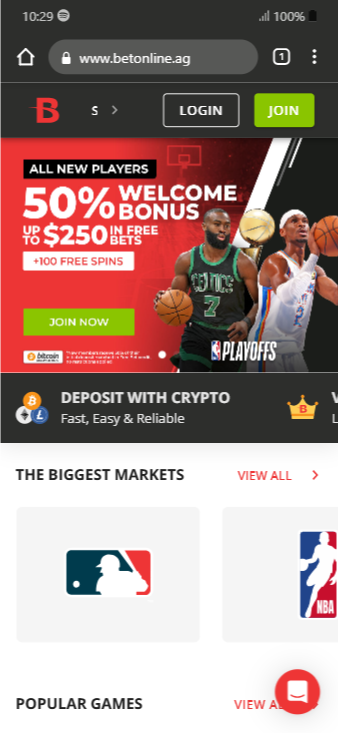 the home page of BetOnline