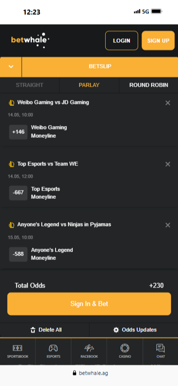 The BetWhale mobile betting slip showing an esports parlay