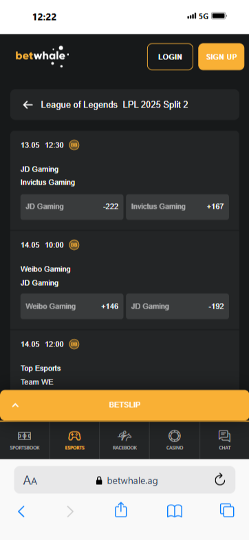 BetWhale's esports pre-match lines