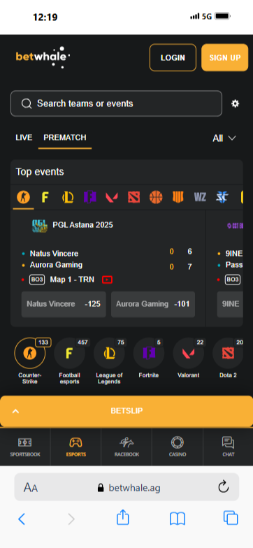 The BetWhale esports section on a mobile device