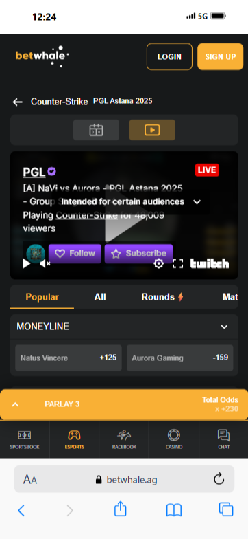 BetWhale's esports live streaming on a mobile device