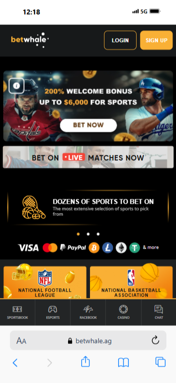 The BetWhale homepage on a mobile device showing a welcome bonus and options for wagering
