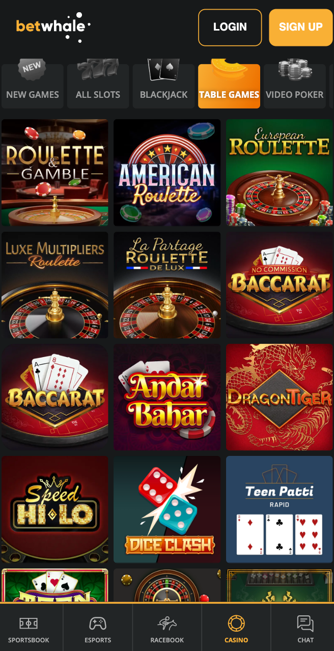 Betwhale Casino Table Games
