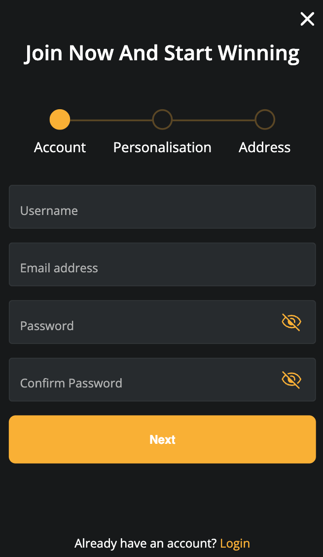 Betwhale Casino sign up page