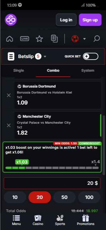The betslip on CoinCasino