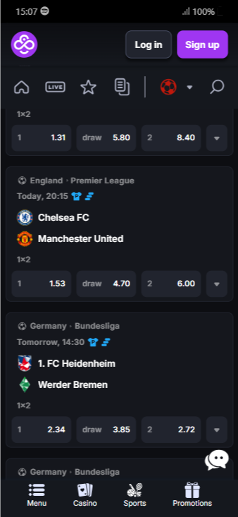 CoinCasino's football/soccer section displaying upcoming matches