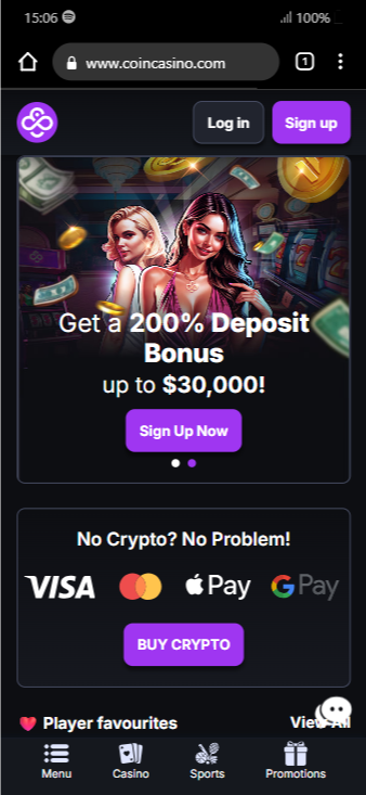 CoinCasino's home page on a mobile device showing bonus and deposit information