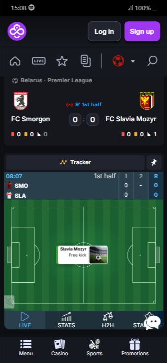 The live betting screen for a football game on CoinCasino