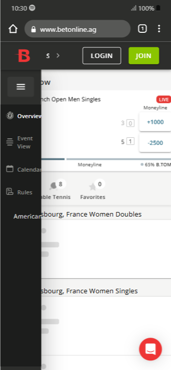 BetOnline's live betting markets