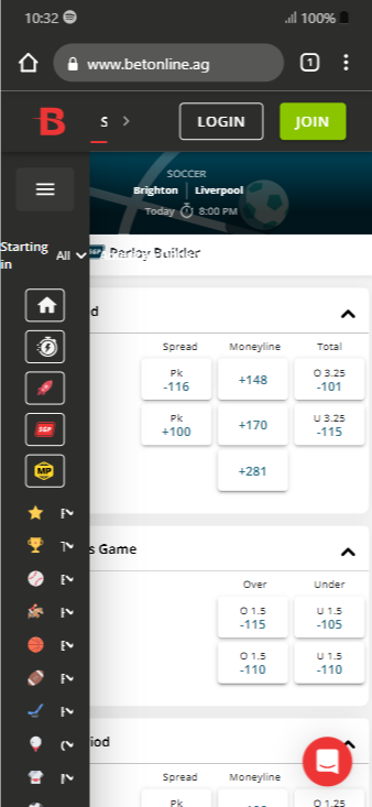 BetOnline's soccer betting options