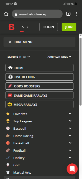 BetOnline's sports menu