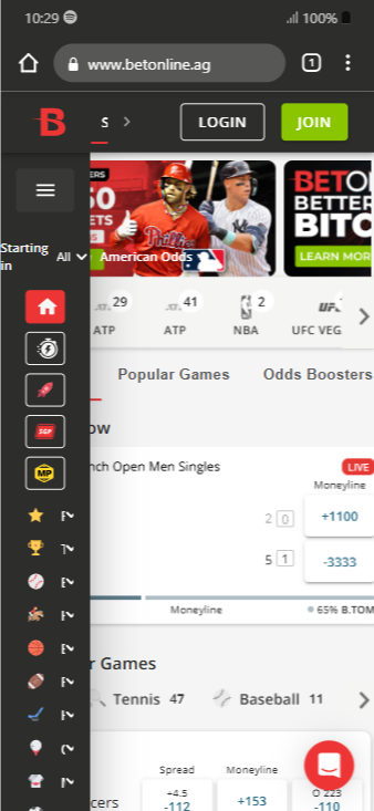 BetOnline's sports markets