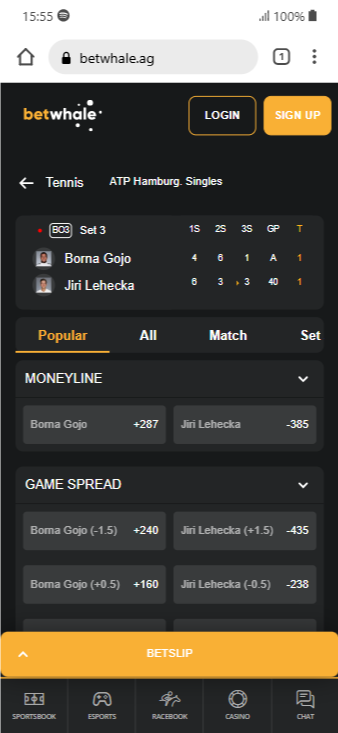 BetWhale's live betting markets