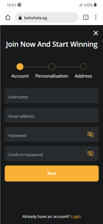 BetWhale's sign up screen