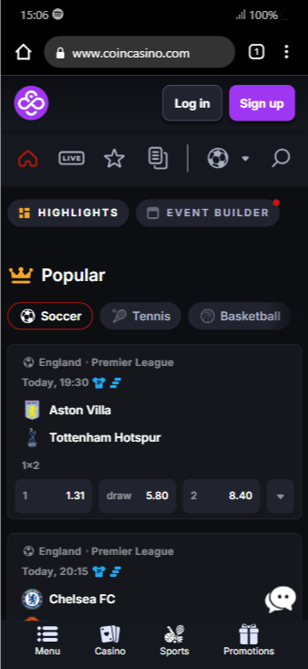 CoinCasino's sports section page