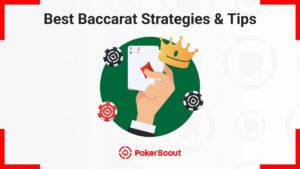 Illustration of a hand holding playing cards with a crown, surrounded by poker chips, promoting best baccarat strategies and tips