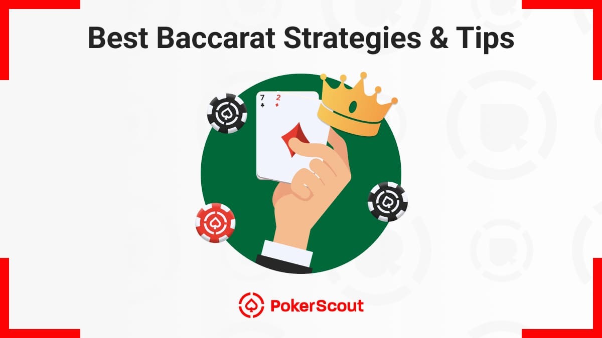 Illustration of a hand holding playing cards with a crown, surrounded by poker chips, promoting best baccarat strategies and tips
