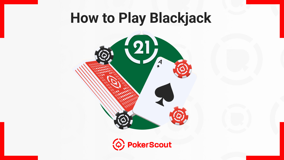 Ace of spades, poker chips, playing cards, and the number 21 - with the text "How to Play Blackjack" above