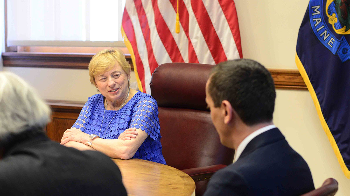 Maine Governor Janet Mills speaks to the Montenegro Minister of Defense