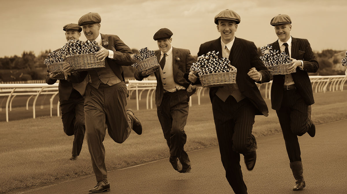 Sepia photo of men in vintage attire running a race, carrying baskets of poker chips.