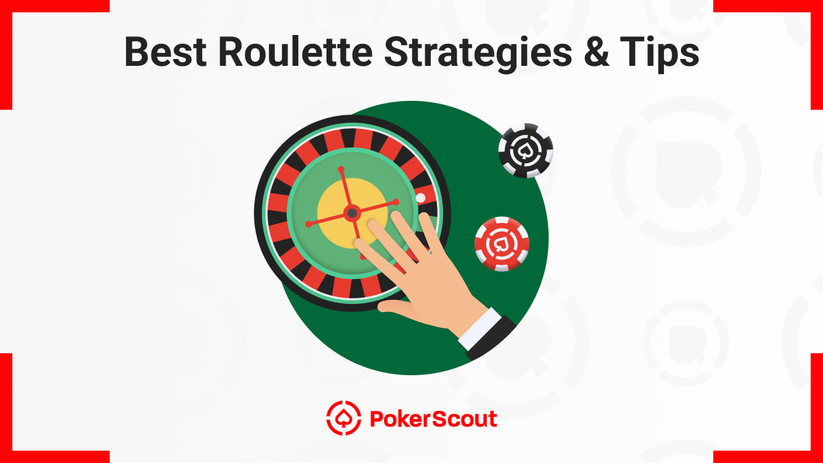 Illustration of a hand spinning a roulette wheel, with red and black poker chips around it, under the title "Best Roulette Strategies & Tips"
