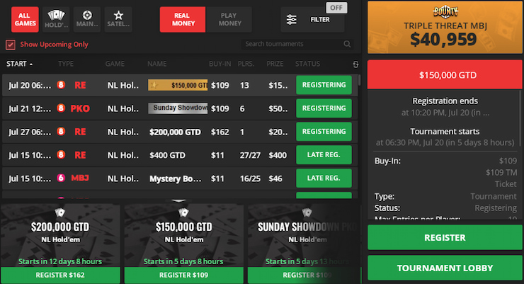 BetOnline poker tournaments lobby