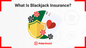Illustration of a shield, poker chips, and A-J cards. Text reads "What Is Blackjack Insurance?"