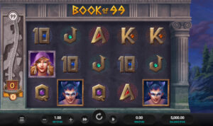 The image displays a "Book of 99" slot game screen set against a Greek temple theme. It features symbols like playing cards, a woman in a purple hood, and a mystical creature. The interface shows a 1.00 bet with a 5,000 balance, and the game has an adventurous, mystical tone.