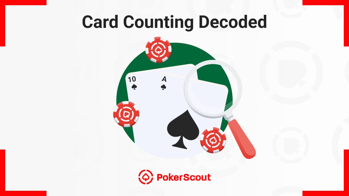 Graphic illustrating "Card Counting Decoded" with Ace and Ten of Spades, poker chips, and a magnifying glass.
