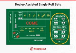 Infographic detailing dealer-assisted single roll bets in craps, highlighting odds for hardways and one roll bets.