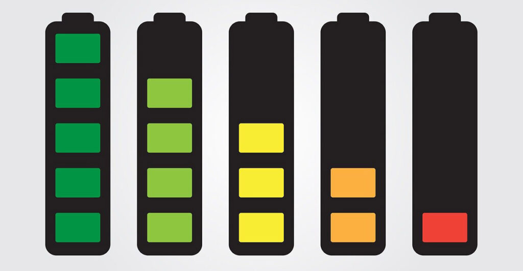 Vector illustration of a series of batteries showing diminishing charge.