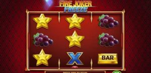 An online slot game display featuring golden stars and grapes on a red background, labeled "Fire Joker Freeze."
