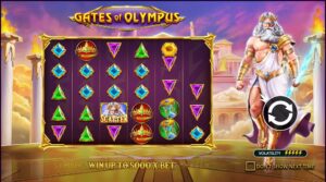 A colorful slot game interface titled "Gates of Olympus," featuring gem symbols, a scatter icon, and a prominent, majestic character on the right.