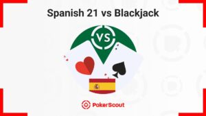 Logo comparing Spanish 21 and Blackjack, featuring heart and spade cards, with a Spanish flag at the bottom.