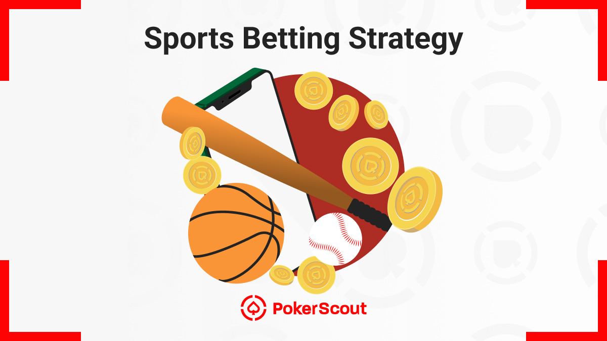 Illustration of a basketball, baseball, bat, and smartphone surrounded by coins, under the text "Sports Betting Strategy"