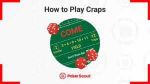 Green craps table layout with highlighted sections, surrounded by red dice and the text "How to Play Craps".