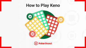 Illustration of Keno game with three colorful cards displaying grids of numbers, surrounded by numbered circles. Text reads 'How to Play Keno'