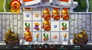 A colorful game interface featuring six armored soldiers, various treasure icons, and a scoreboard at the bottom, set in a stone environment.