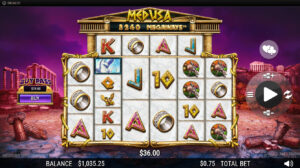 Slot game interface with a Medusa theme. Symbols include rings and soldiers, set against ancient ruins. Balance shown as $1,035.25, with a $0.75 bet.