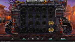 Dark-themed mechanical game interface with a grid of closed slots. Two glowing bonus symbols on the right. Steampunk elements and dynamic background.