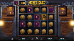 Slot game screen titled "Money Cart," featuring reels with hay bales and numbered boxes. Spins left: 0, Total: 71. Winning atmosphere.