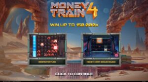 Video game menu for Money Train 4 with desert landscape, futuristic panels for "Respin Feature" and "Money Cart Bonus Round." Text promises wins up to 150,000x.